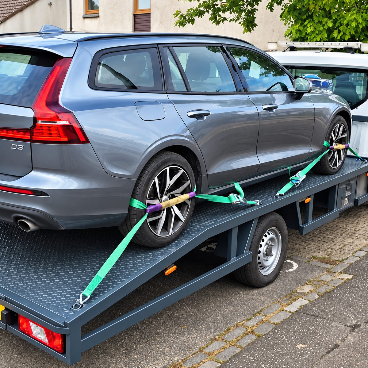 Estate car secured on the transporter deck
